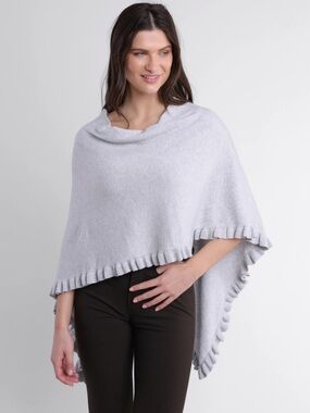 Women's Light Gray V-Back Ruffle Hem Poncho Sweater